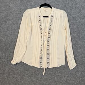 Rebecca Taylor Shirt Womens 0 Beige Silk Beaded Blouse Bohemian Western Flaw